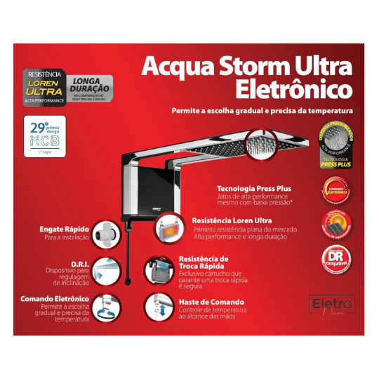 Chuveiro Acqua Storm Eletrônico 7800W 220V Branco e Cromado Lorenzetti