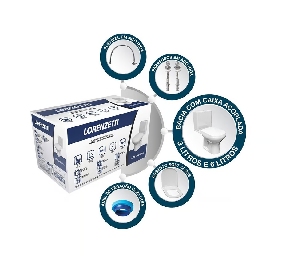 Kit Vaso Sanitário com Caixa Acoplada Loren Luna Branco Lorenzetti